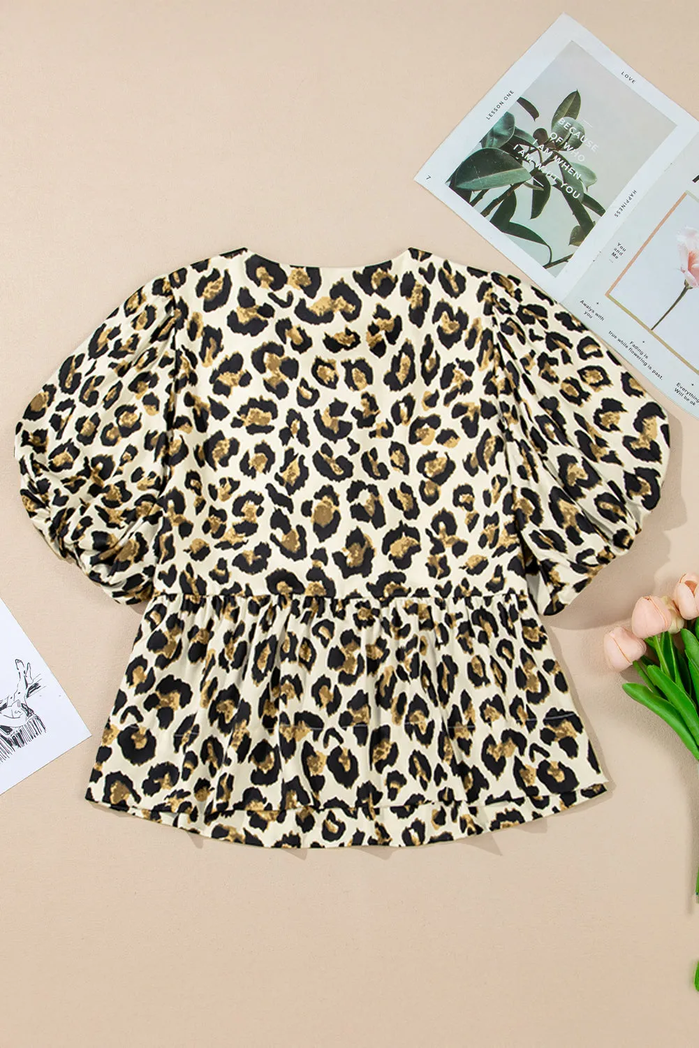 Leopard Bubble Sleeve Bow Peplum Blouse