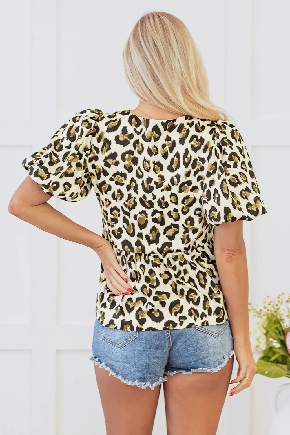Leopard Bubble Sleeve Bow Peplum Blouse