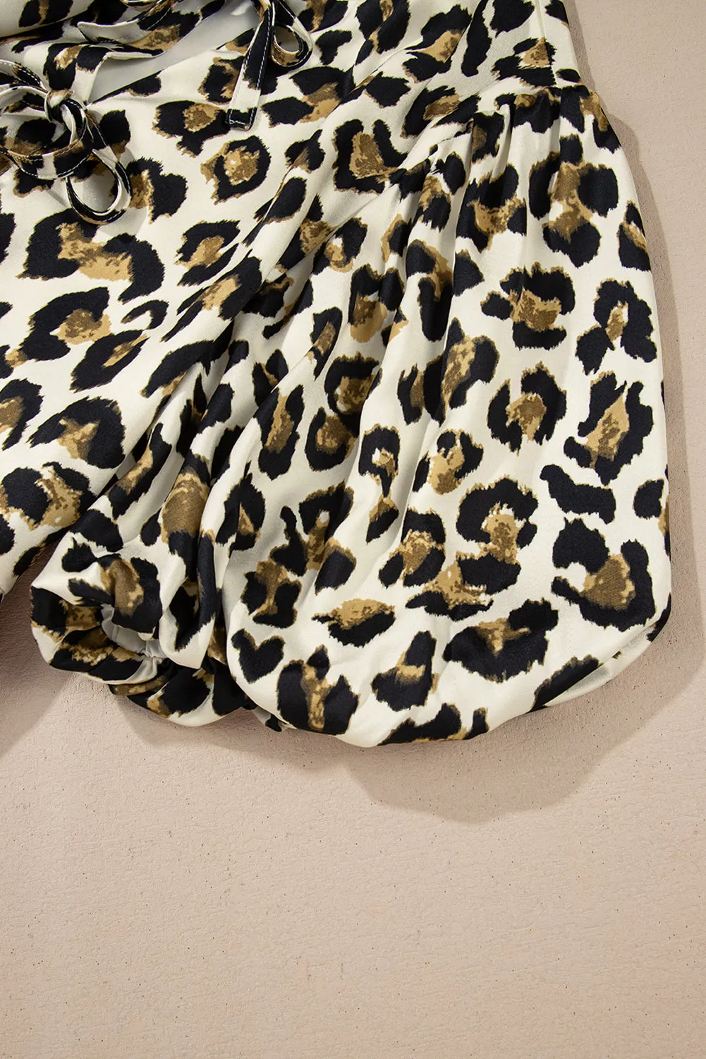 Leopard Bubble Sleeve Bow Peplum Blouse