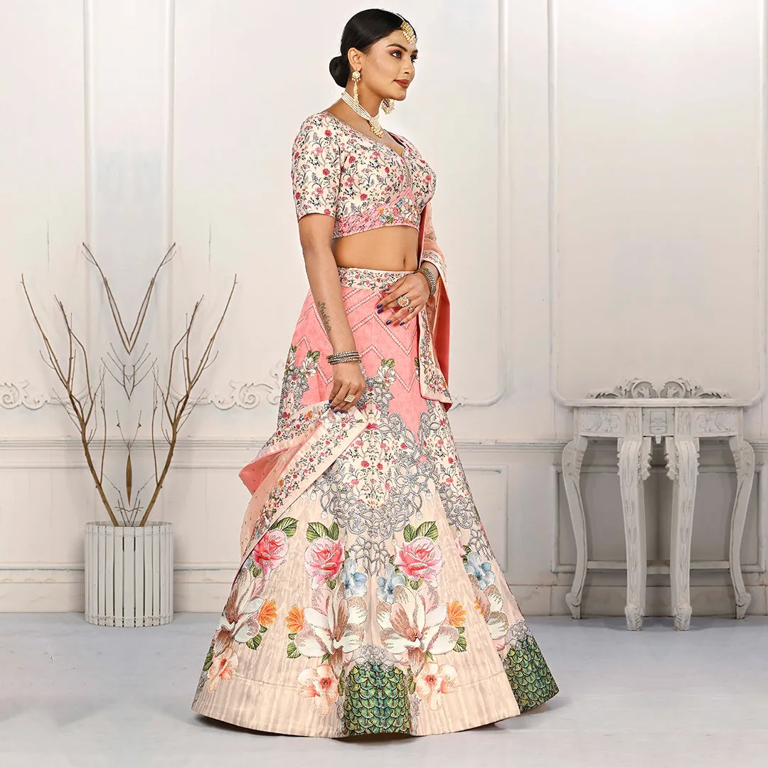 Light Peach and Cream Floral Motifs Lehenga Set