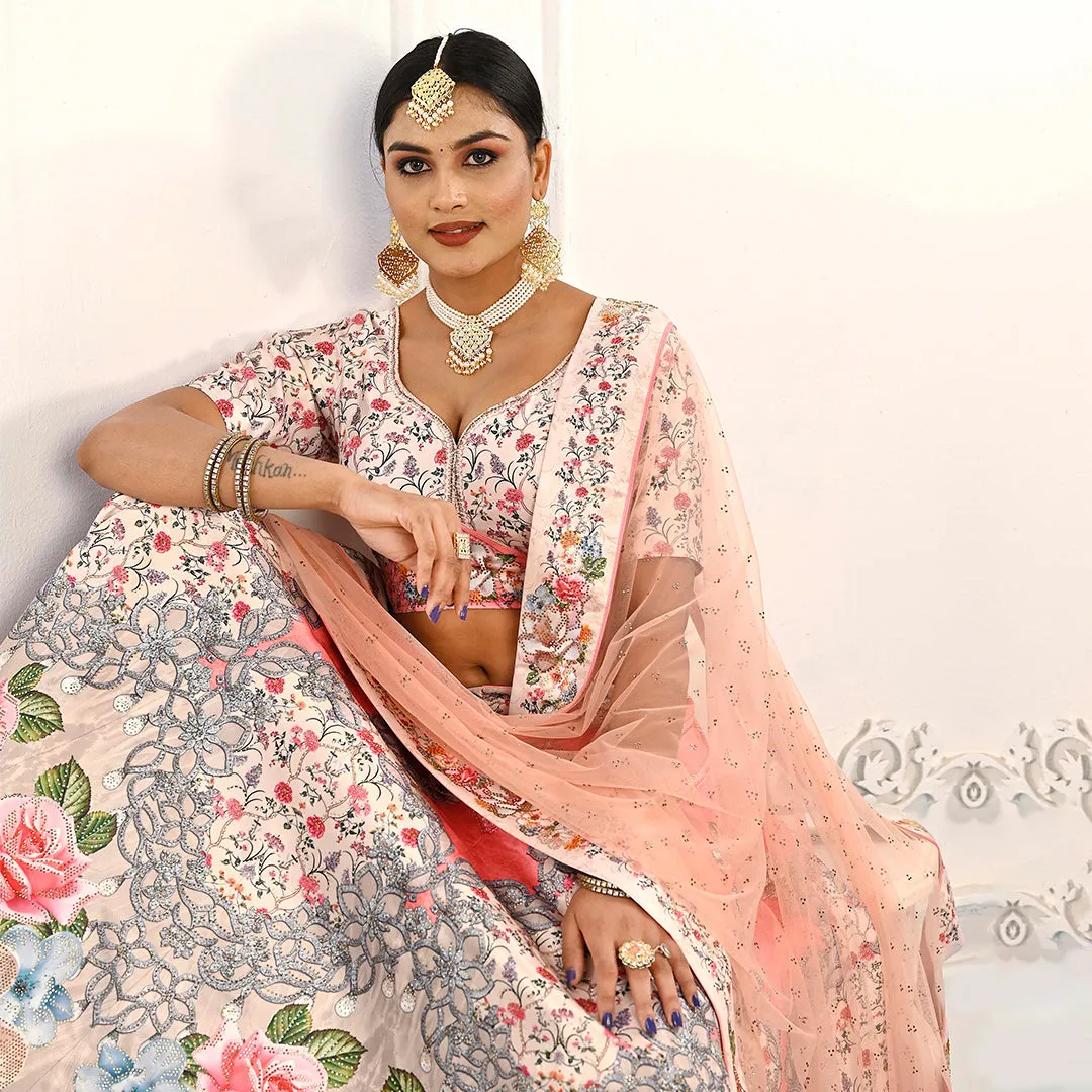 Light Peach and Cream Floral Motifs Lehenga Set