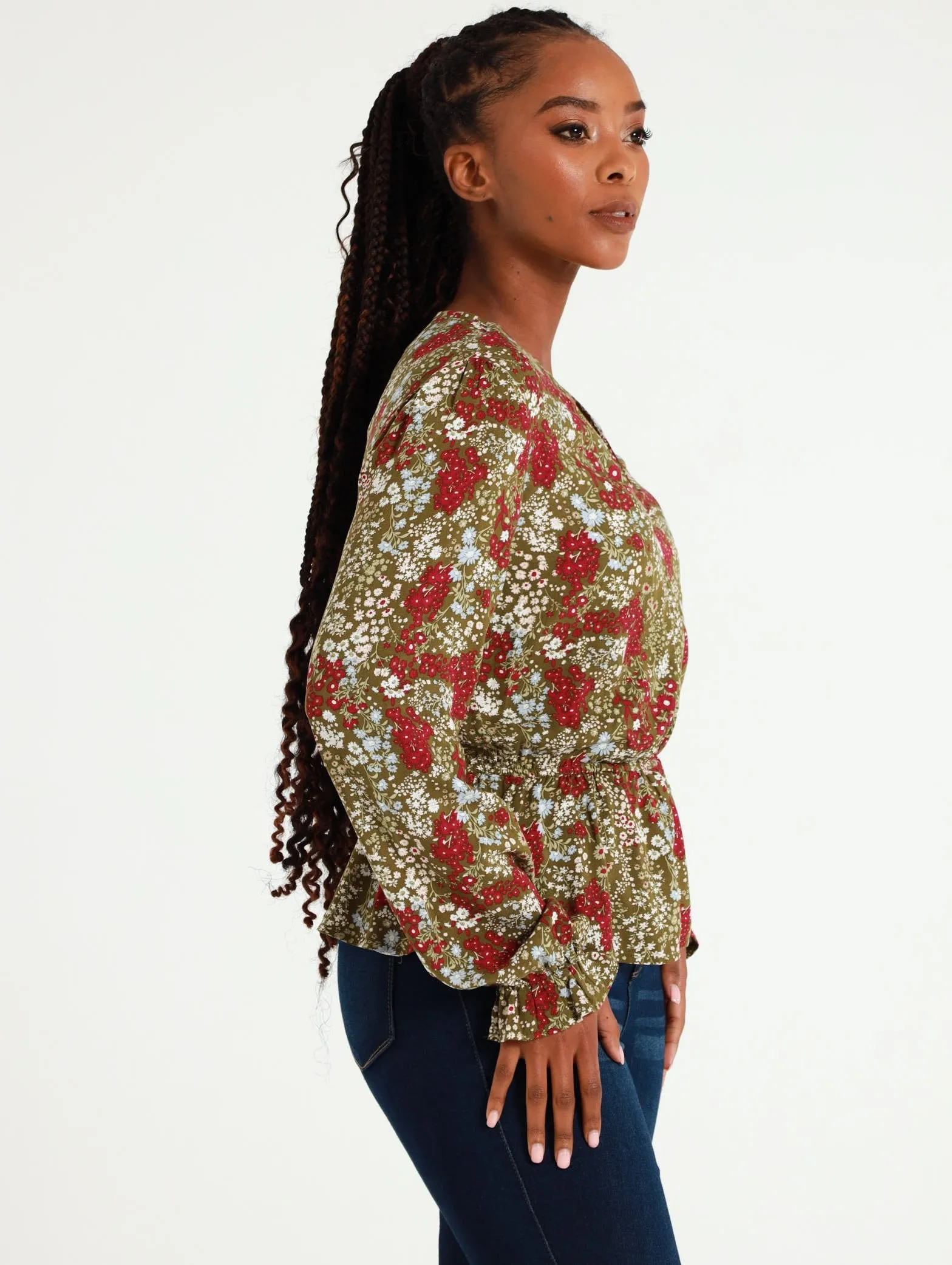 Long Sleeve Ditsy Floral Wrap Front Peplum Top