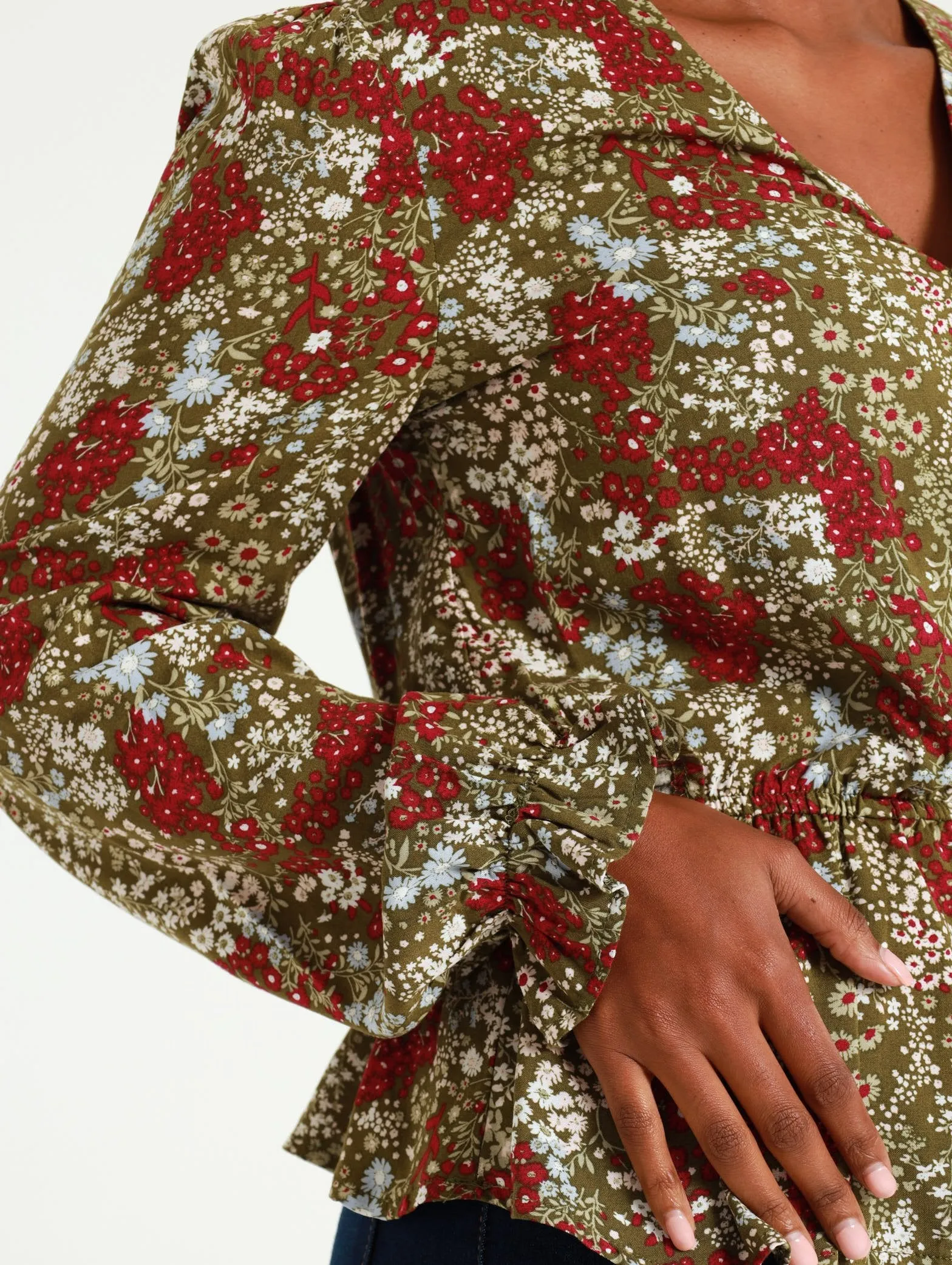 Long Sleeve Ditsy Floral Wrap Front Peplum Top