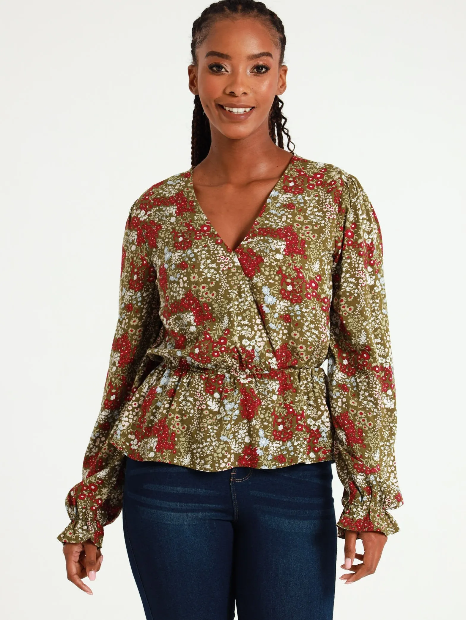Long Sleeve Ditsy Floral Wrap Front Peplum Top