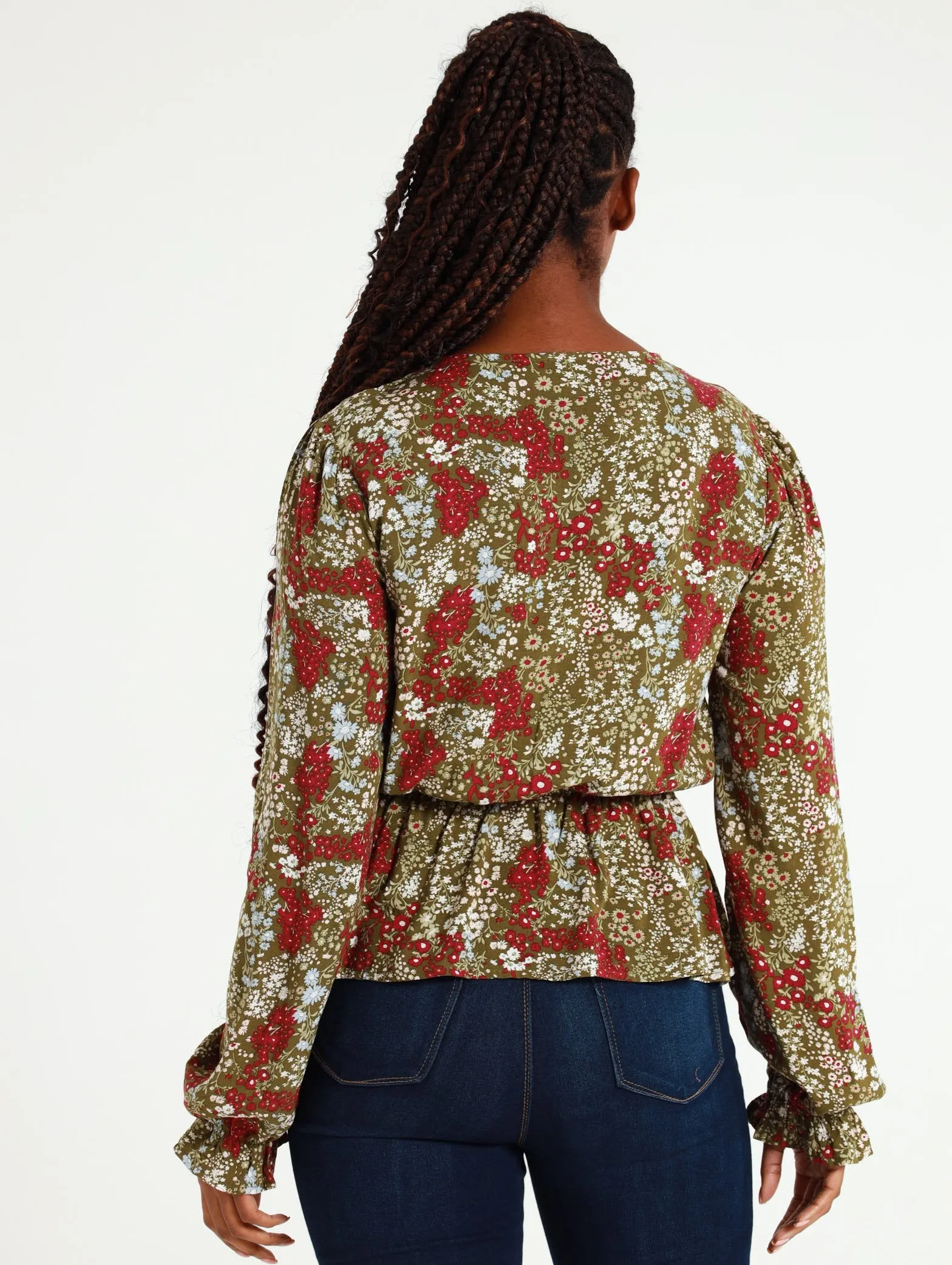 Long Sleeve Ditsy Floral Wrap Front Peplum Top