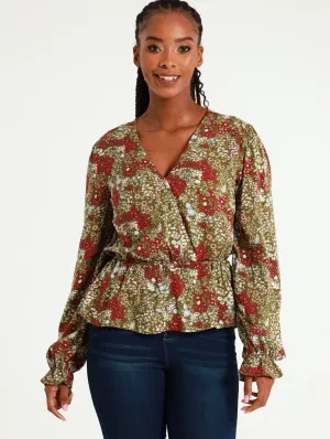 Long Sleeve Ditsy Floral Wrap Front Peplum Top