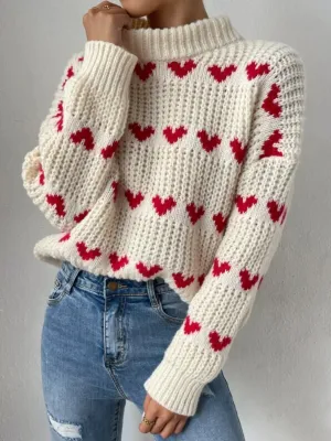 LoveLine Chunky Knit Mock Neck Heart Print Sweater