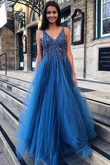 Luxurious V-Neck Beading Royal Blue Long Prom Dress