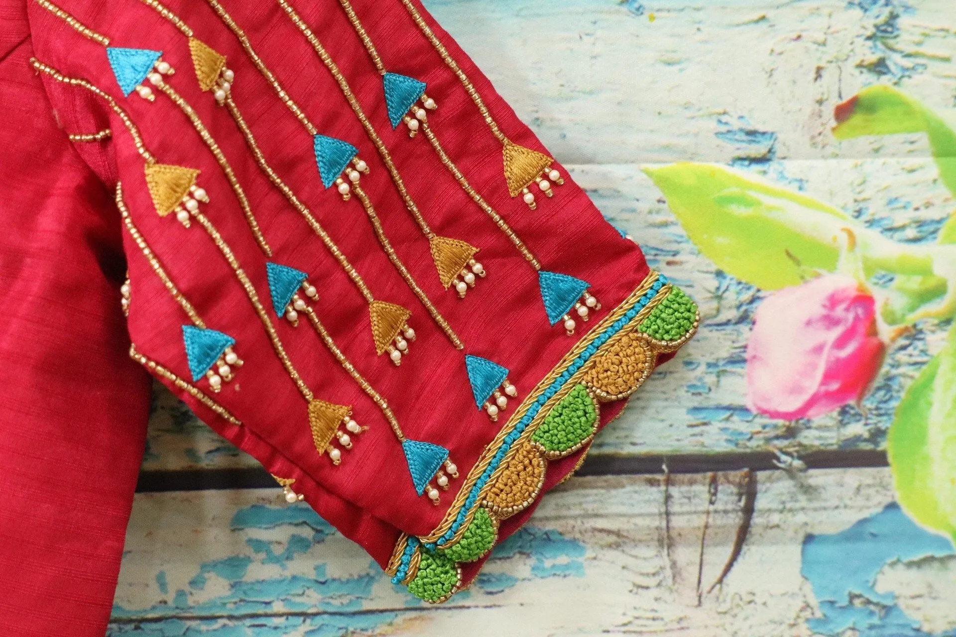 Maggam work designer blouse - Pattu Saree Blouse -kundan work blouse - handloom Saree Blouse - red Saree Blouse - red  Blouse
