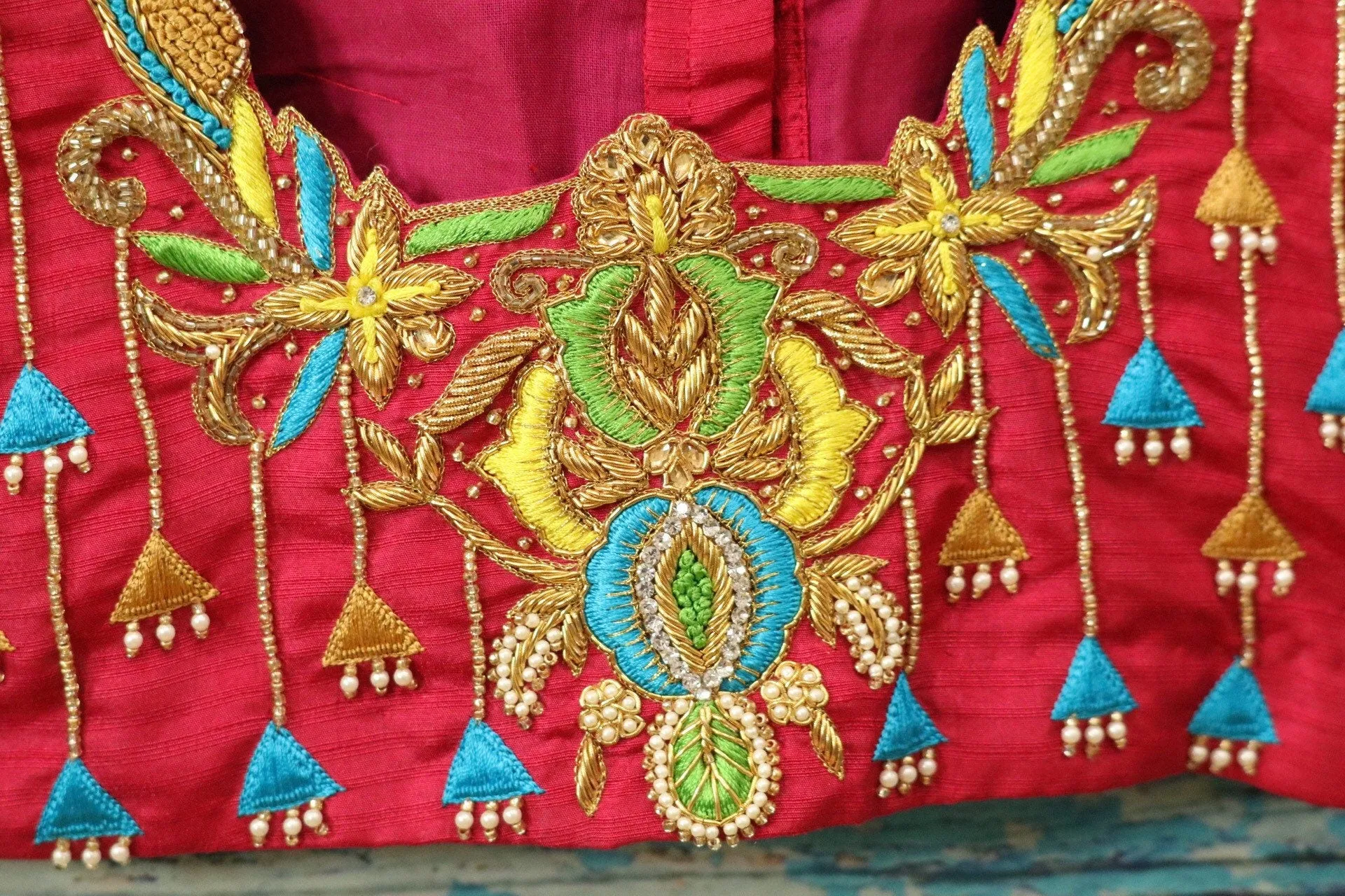 Maggam work designer blouse - Pattu Saree Blouse -kundan work blouse - handloom Saree Blouse - red Saree Blouse - red  Blouse