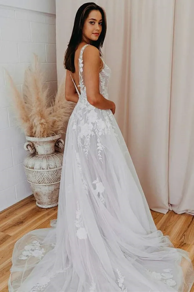 Malaya | A-Line V Back Long White Wedding Dress with Lace Appliqued