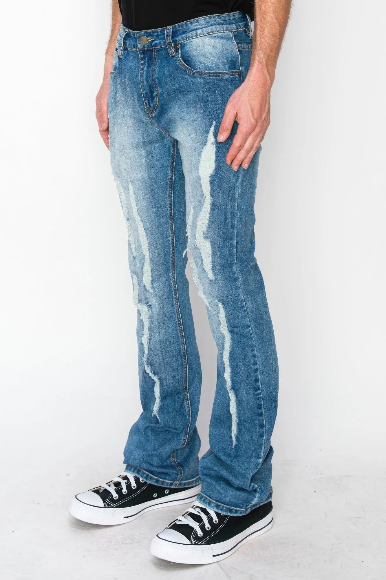Men's Bootcut Distressed Detail Denim Blue Jeans