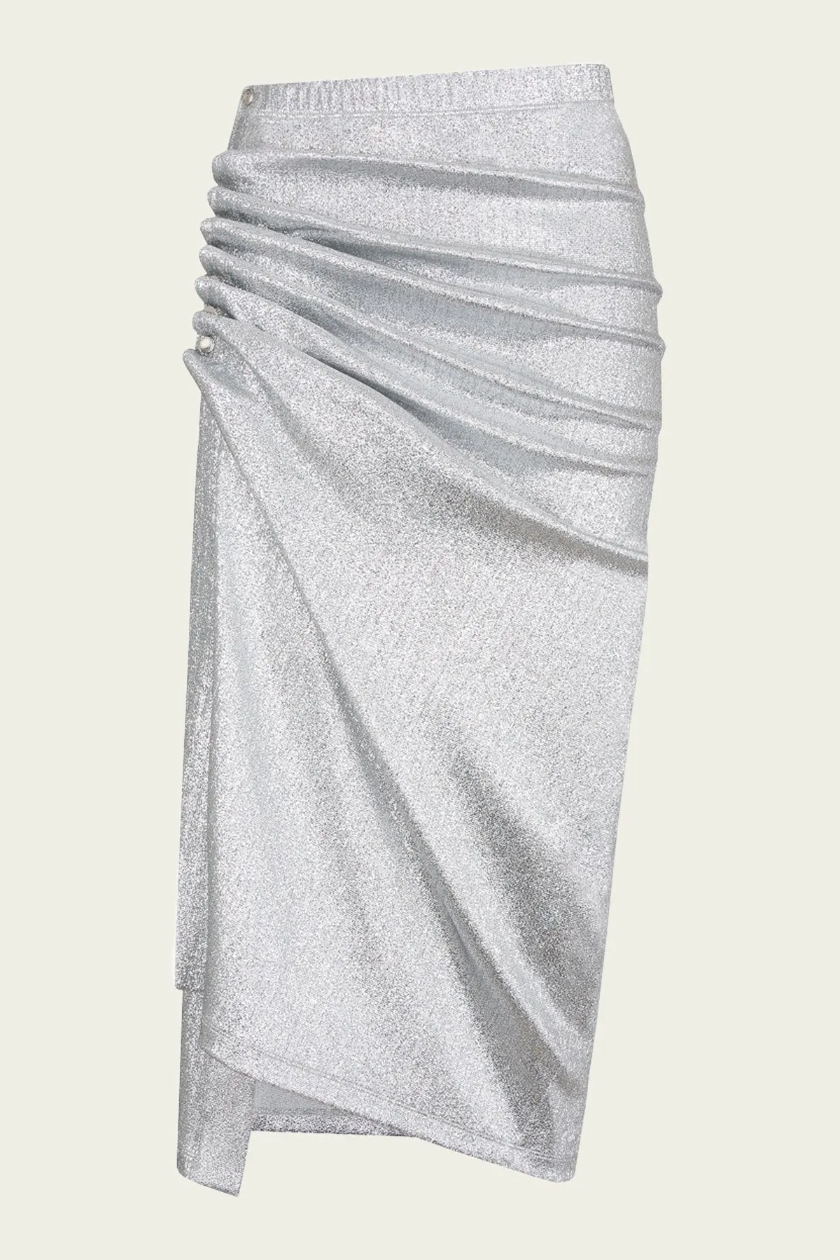 Metallic Ruched Midi Skirt in Silver