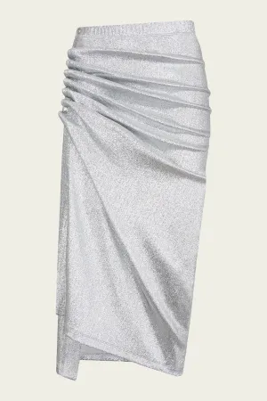 Metallic Ruched Midi Skirt in Silver