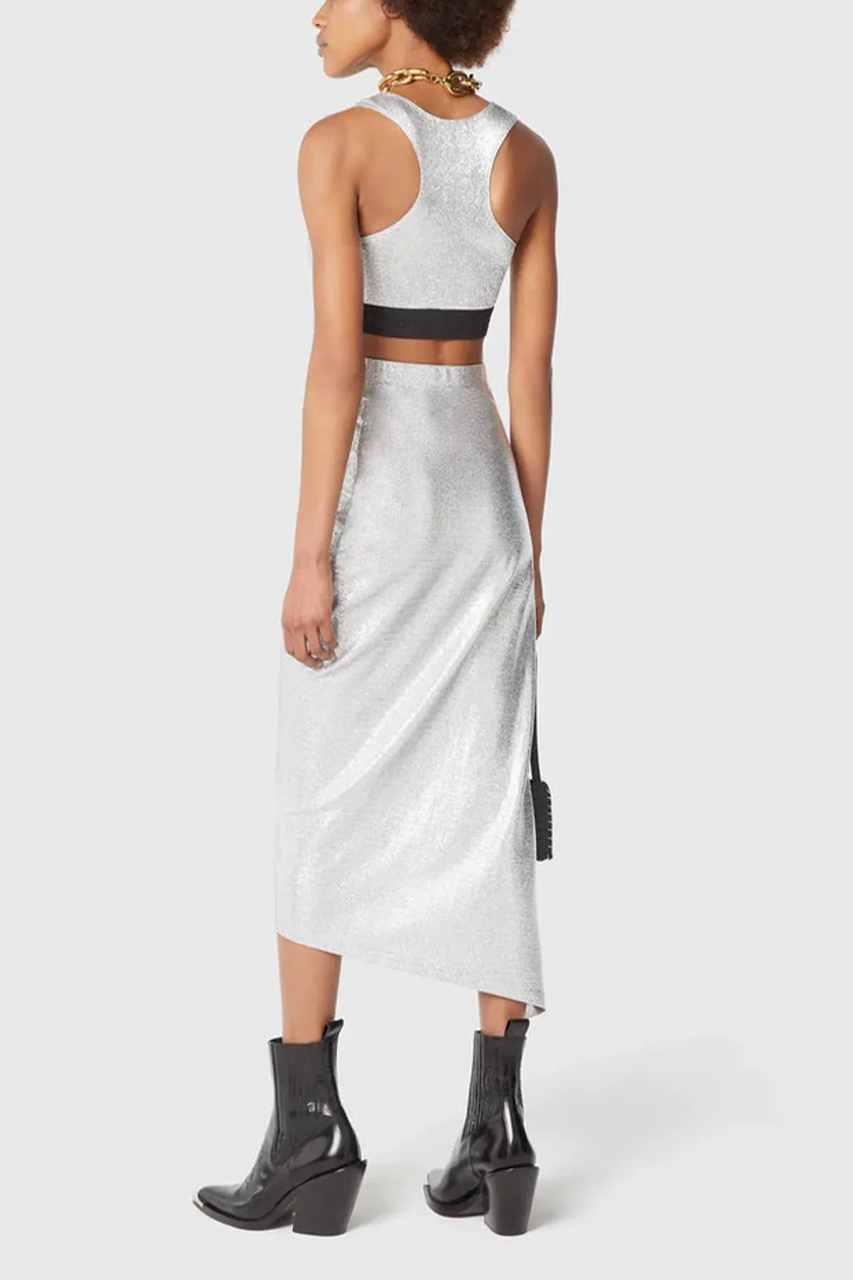 Metallic Ruched Midi Skirt in Silver
