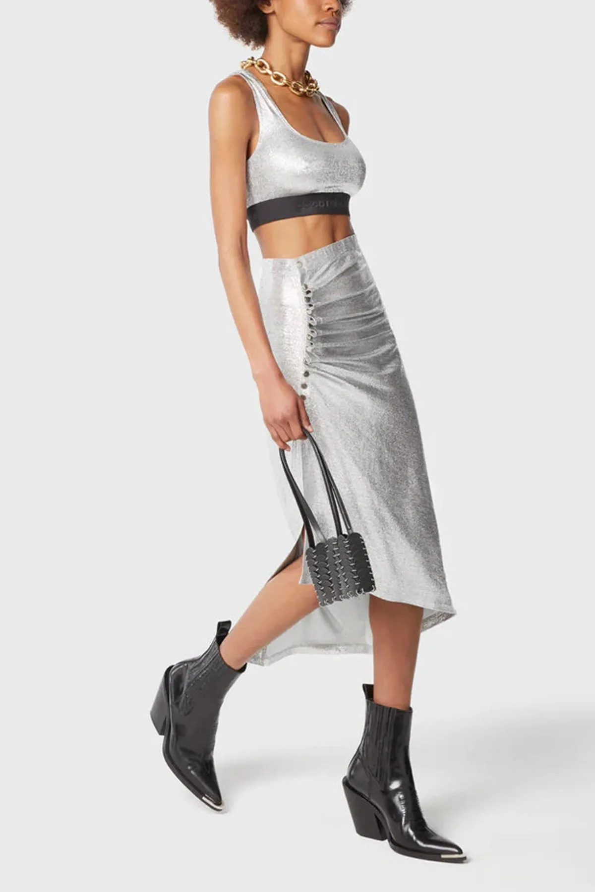 Metallic Ruched Midi Skirt in Silver