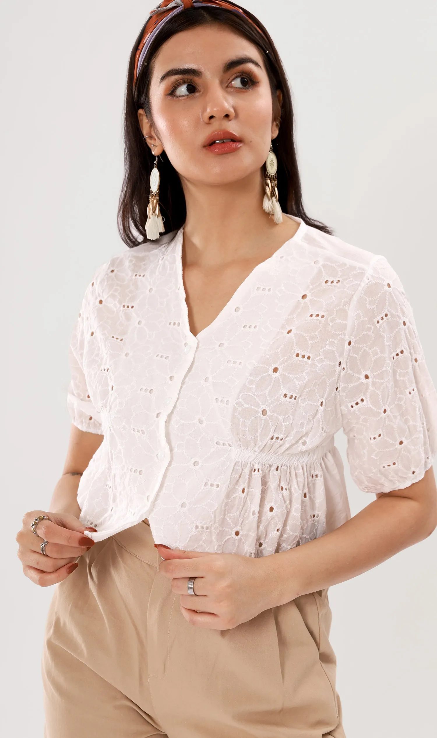 MICAELA Buttoned Eyelet Peplum Top (White)