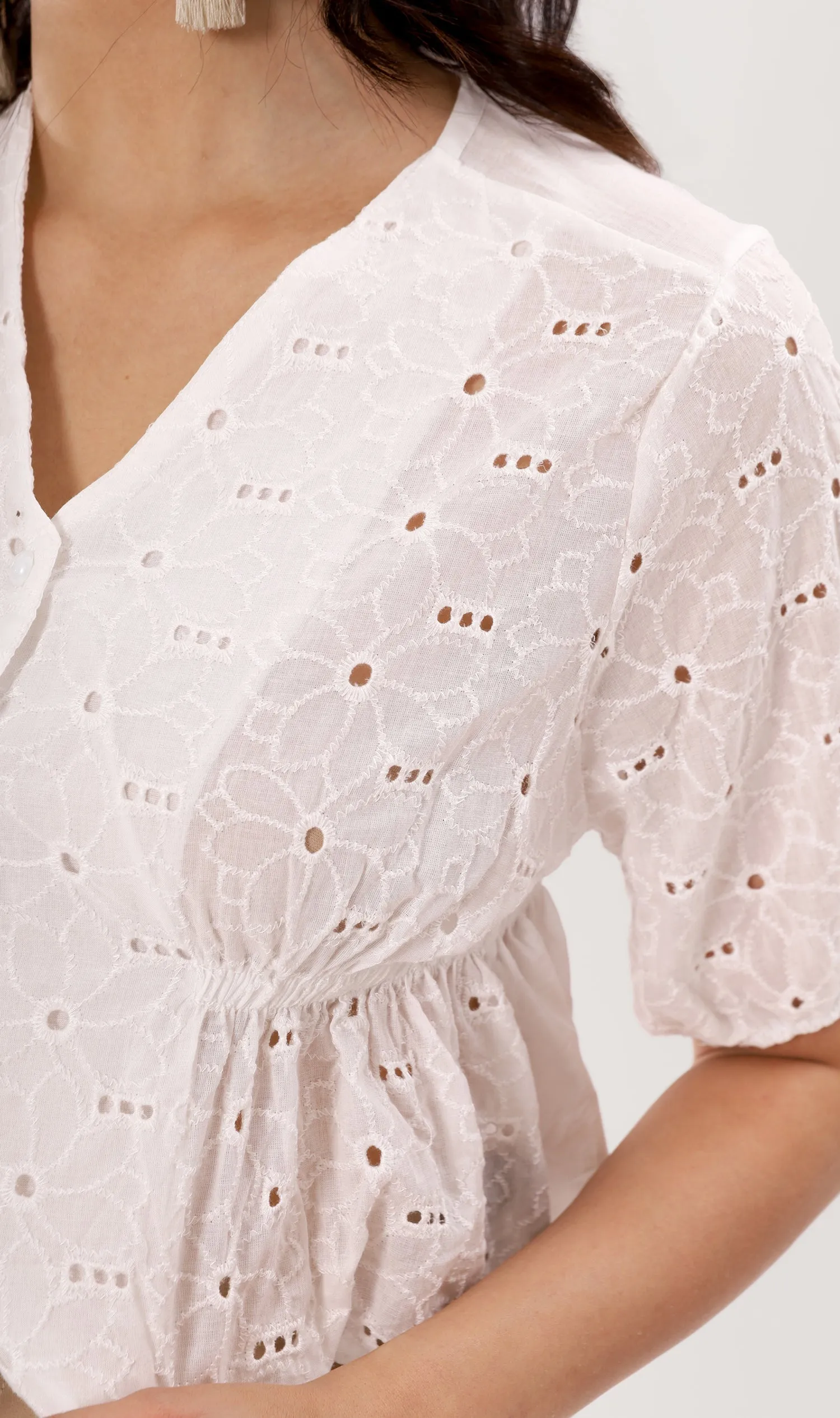 MICAELA Buttoned Eyelet Peplum Top (White)
