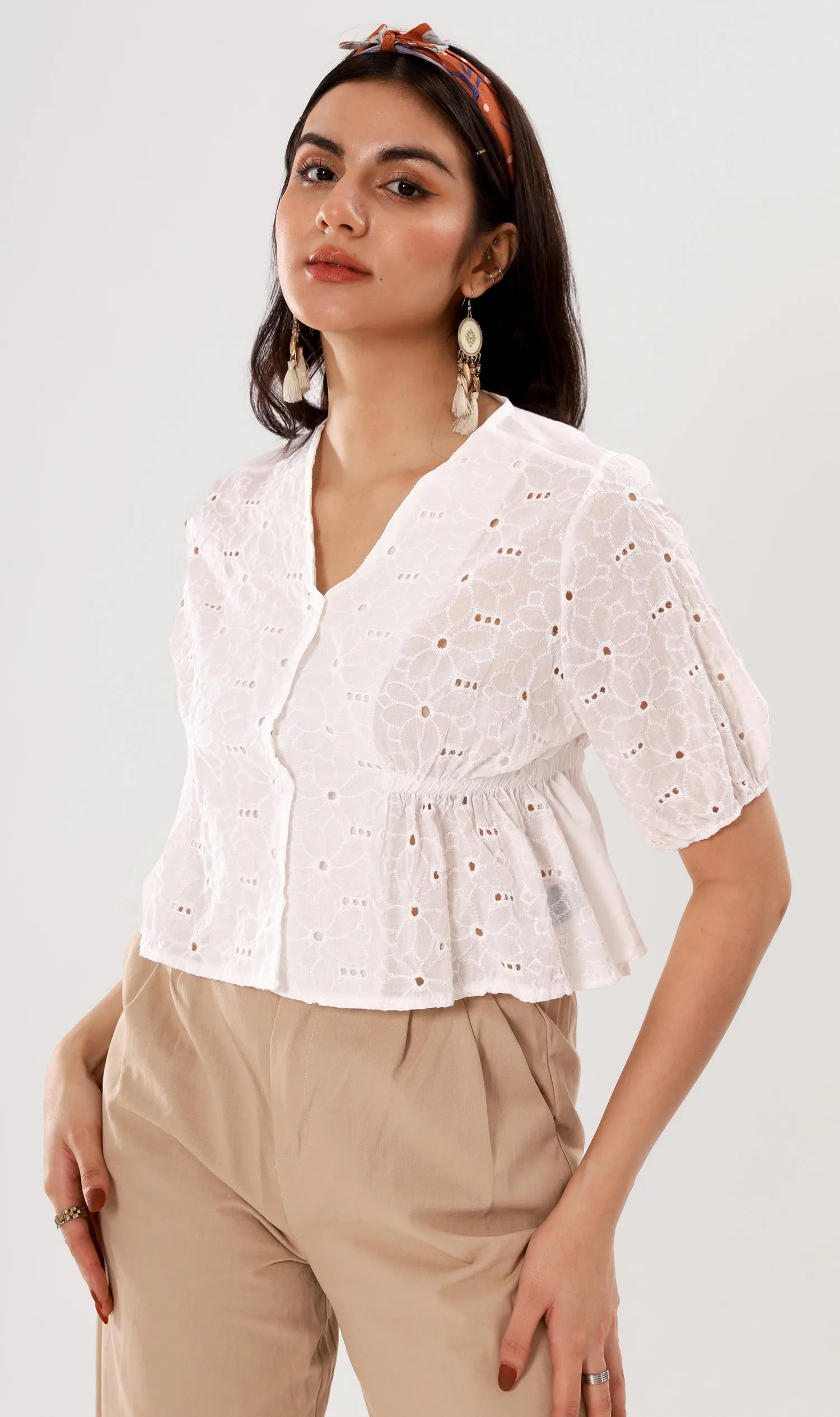 MICAELA Buttoned Eyelet Peplum Top (White)