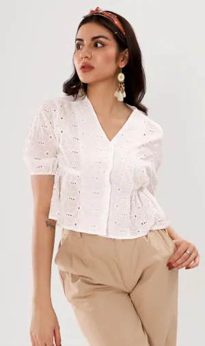 MICAELA Buttoned Eyelet Peplum Top (White)