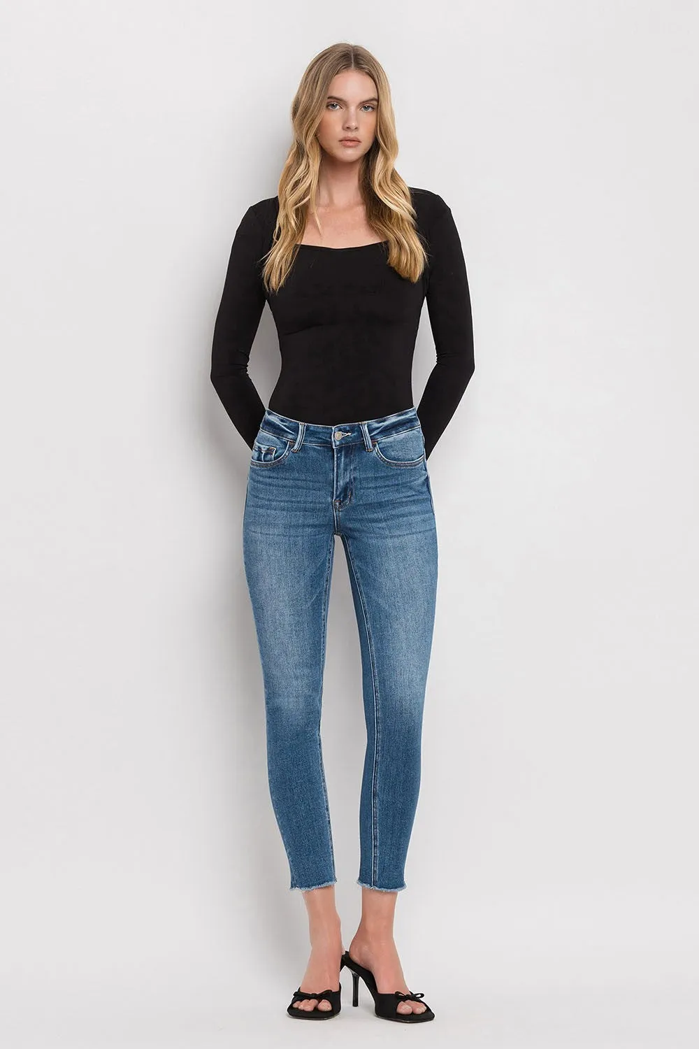 Mid Rise Raw Hem Skinny
