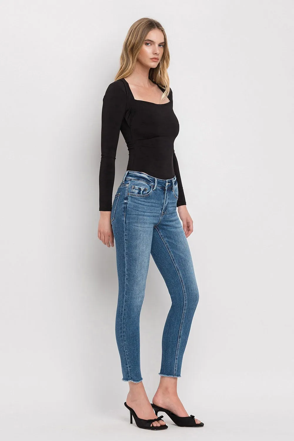 Mid Rise Raw Hem Skinny
