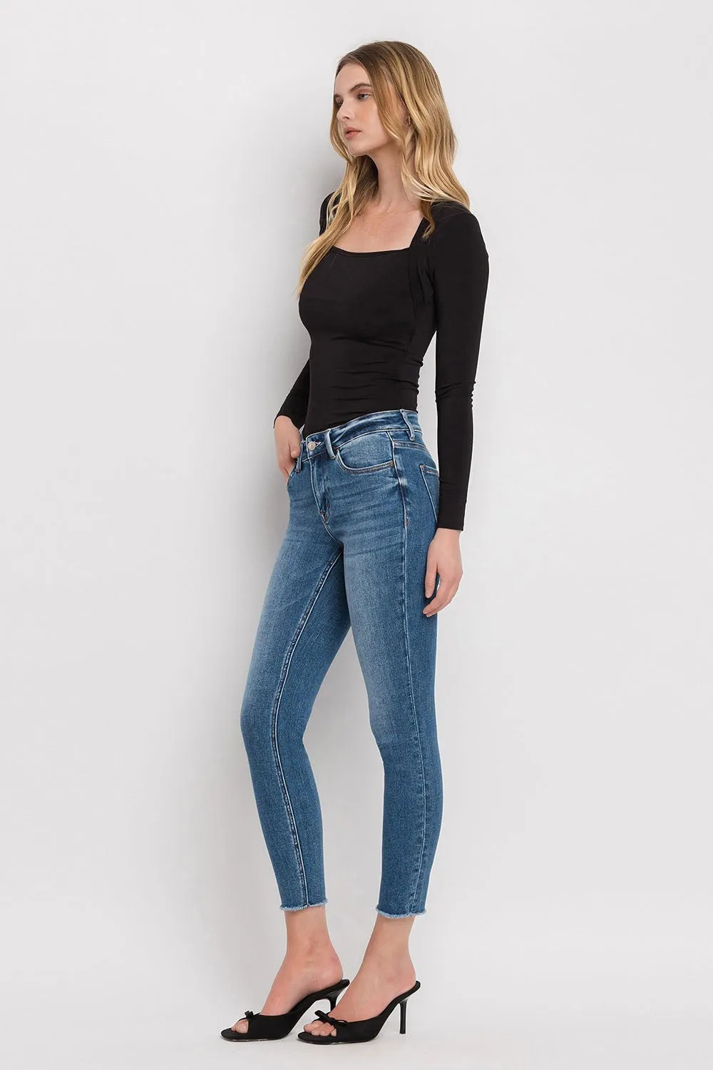 Mid Rise Raw Hem Skinny