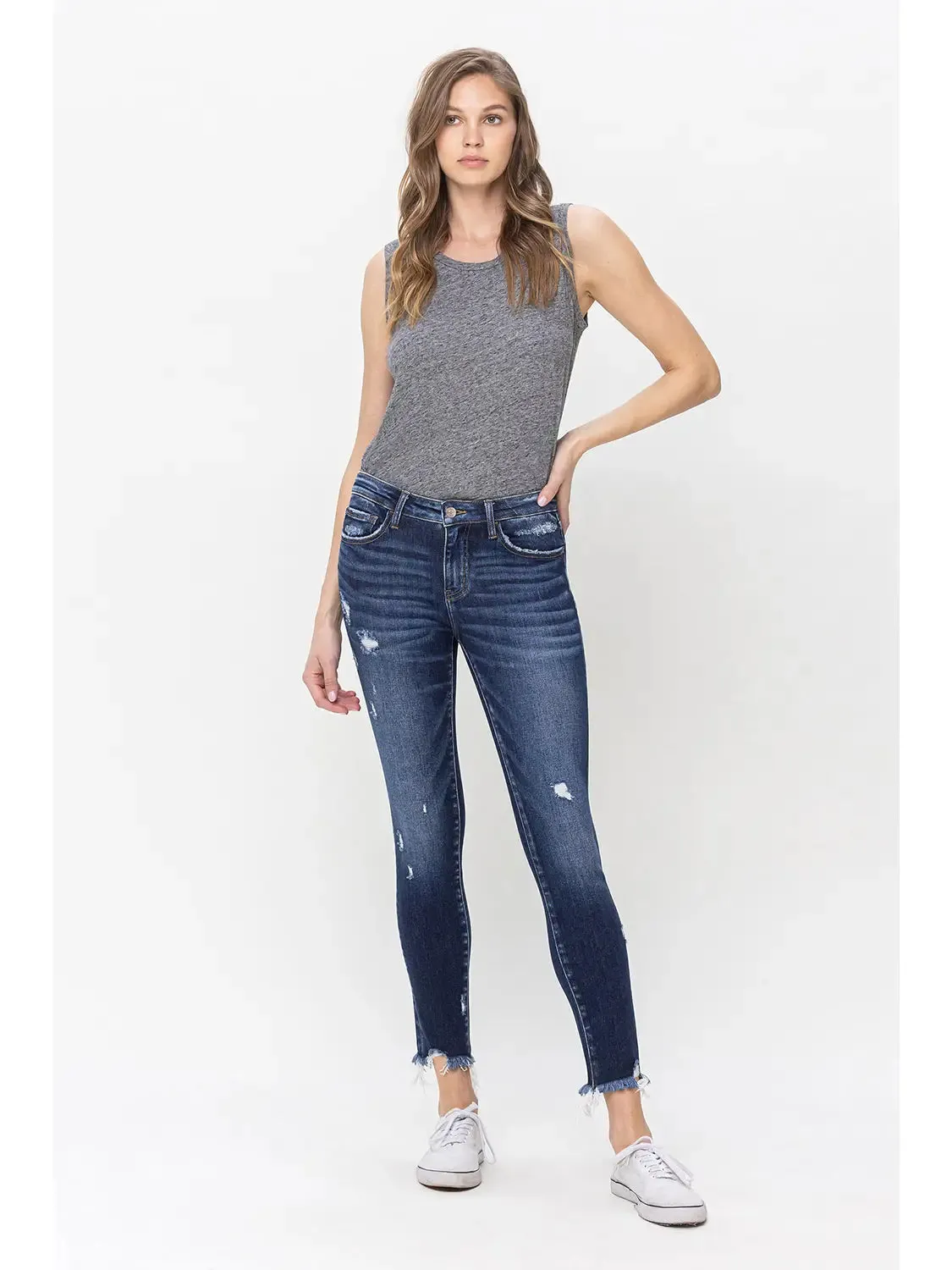 Mid Rise Uneven Raw Hem W Distressed Crop Skinny Jean