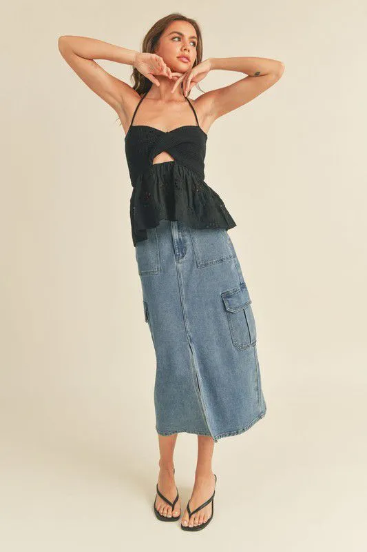 Midi Cargo Denim Skirt