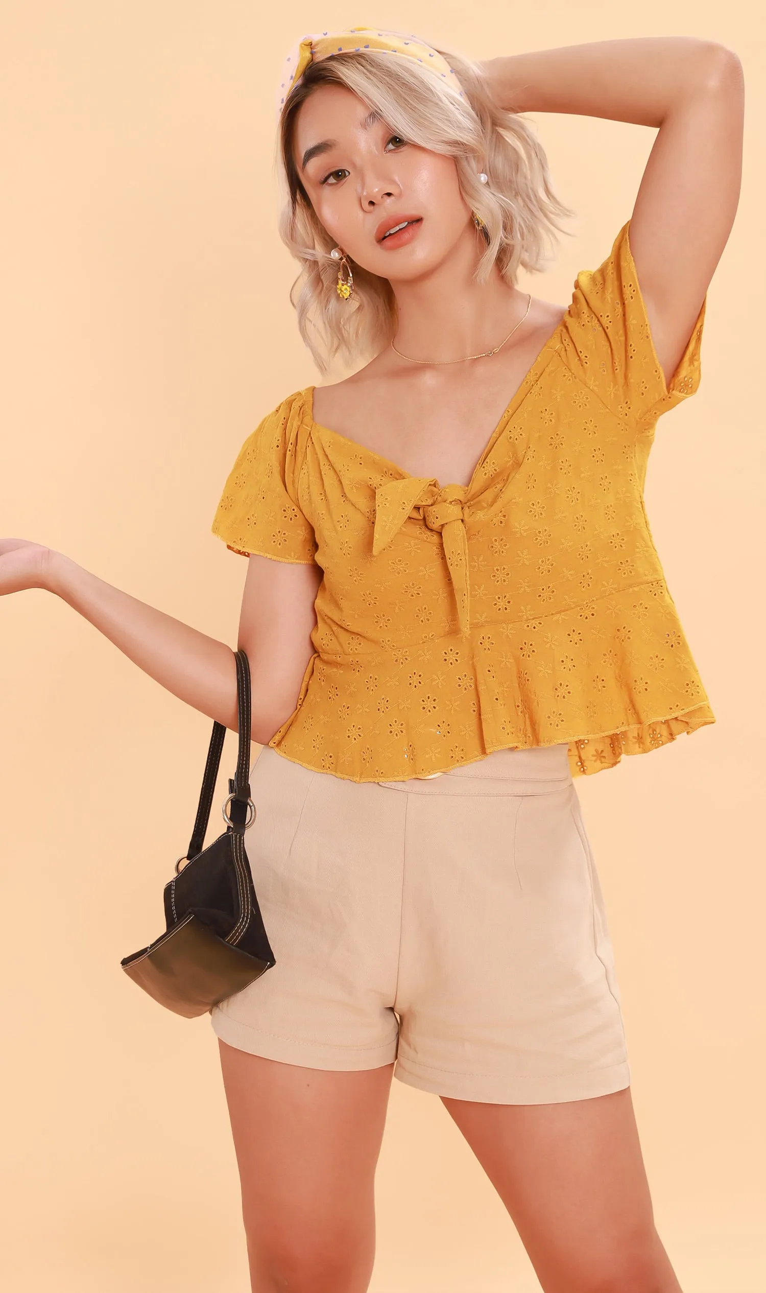 MINDY Tie-Bust Eyelet Crop Top (Canary)