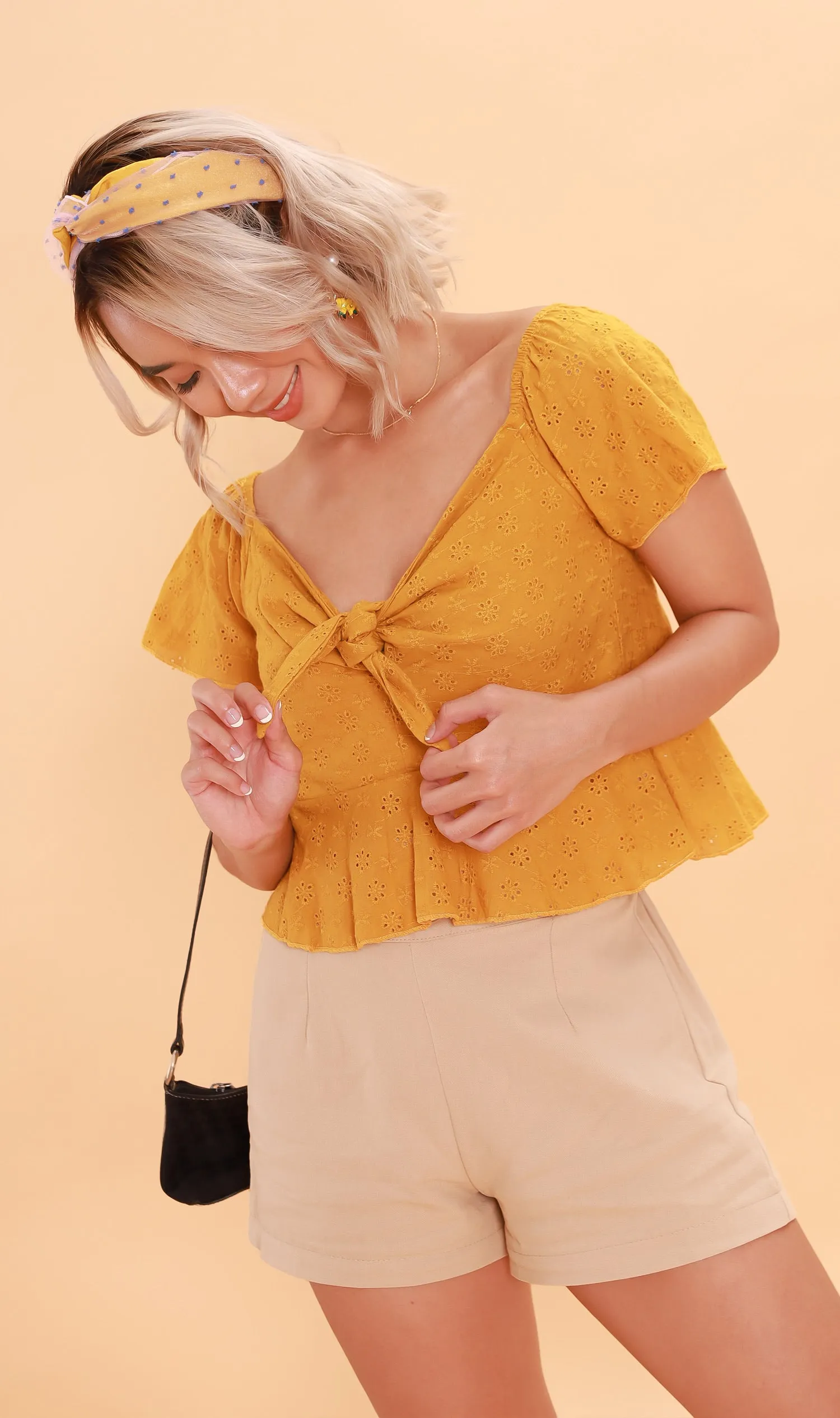 MINDY Tie-Bust Eyelet Crop Top (Canary)