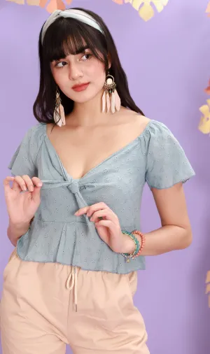 MINDY Tie-Bust Eyelet Crop Top (Ocean Blue)