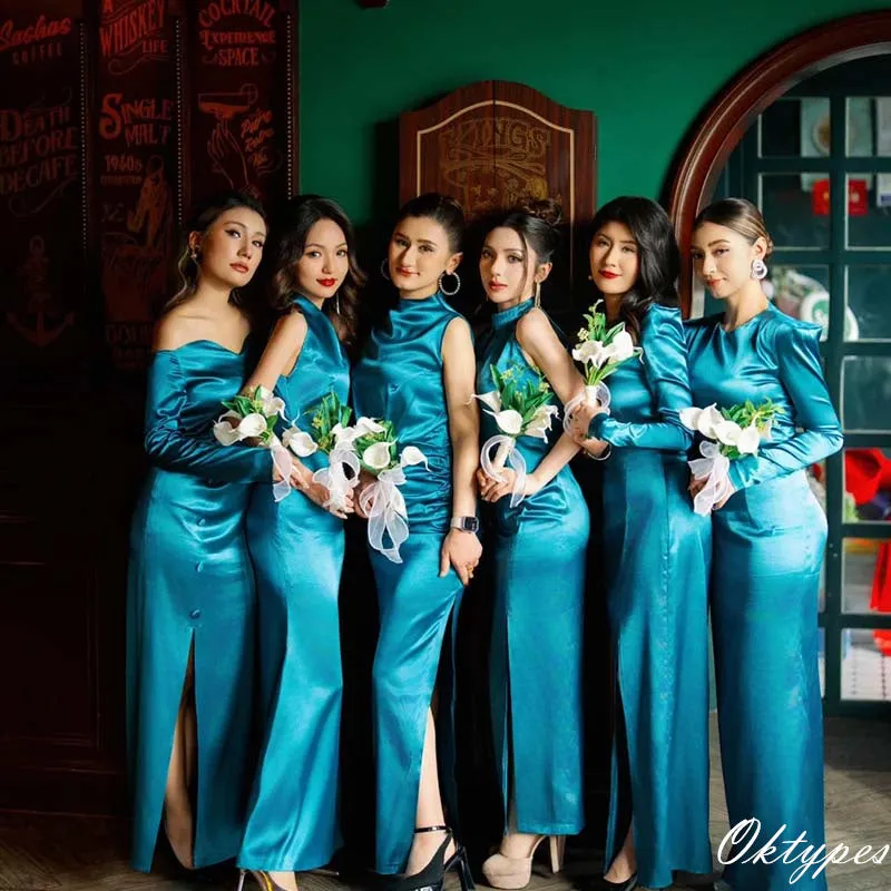 Mismatched Blue Cheap Bodycon Long Bridesmaid Dresses Online, BDS0350
