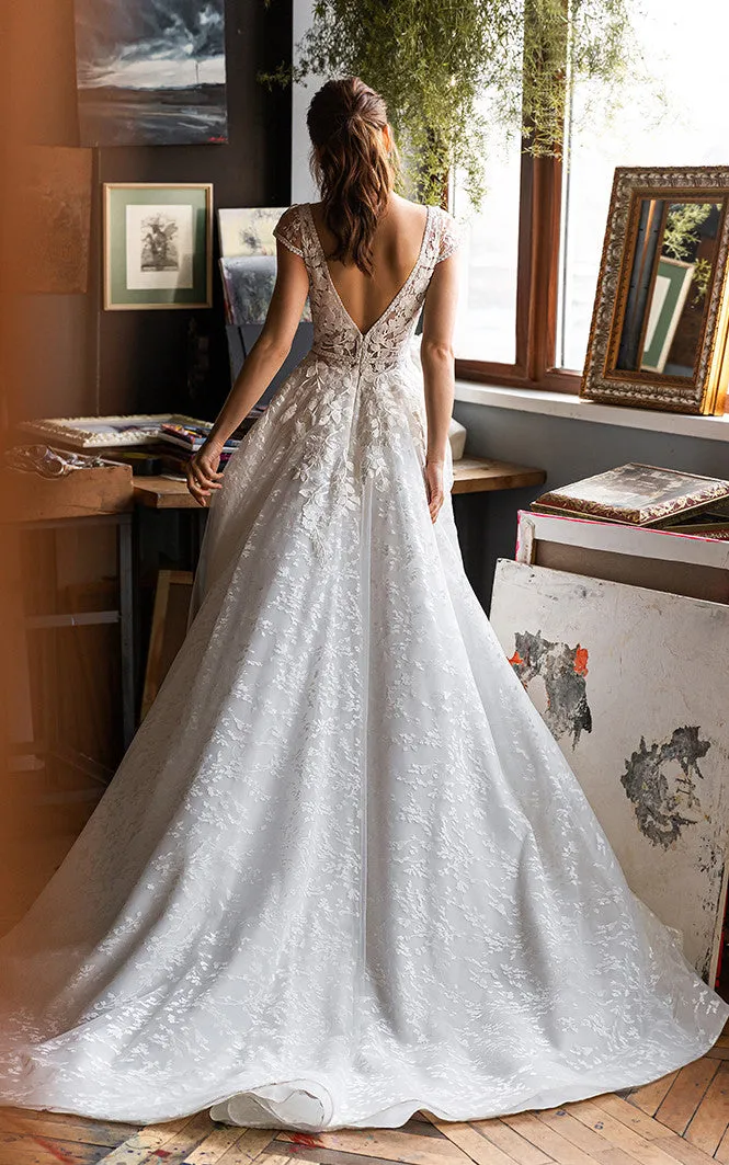 Modern Ethereal A-Line Boho Lace Plunging Wedding Dress Fairy Flowy Cap Sleeves Deep-V Back Evening Prom Gown