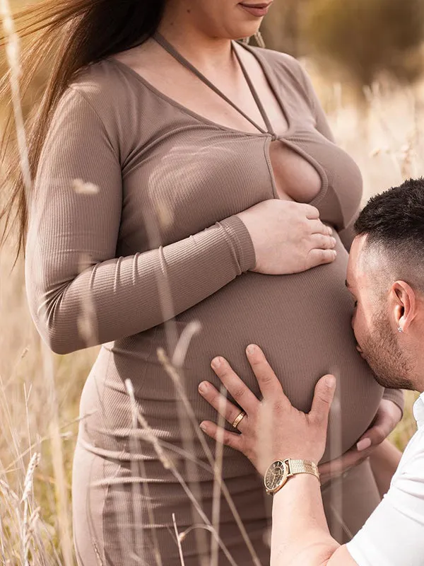 Momnfancy Khaki Halter Neck Fishtail Lace Up Long Sleeve Bodycon Photoshoot Maternity Maxi Dress