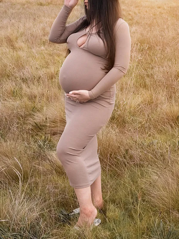Momnfancy Khaki Halter Neck Fishtail Lace Up Long Sleeve Bodycon Photoshoot Maternity Maxi Dress