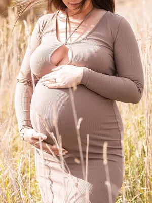Momnfancy Khaki Halter Neck Fishtail Lace Up Long Sleeve Bodycon Photoshoot Maternity Maxi Dress