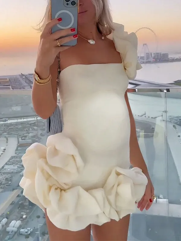 Momnfancy White Off Shoulder Ruffle Irregular Falbala Bodycon Party Baby Shower Maternity Mini Dress