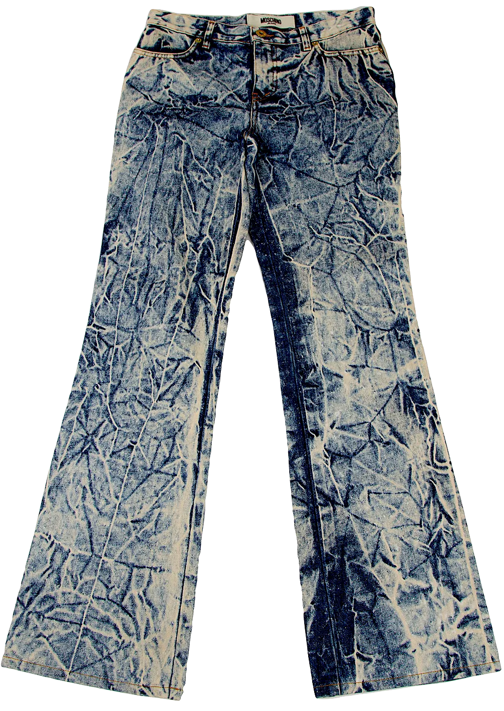 Moschino Italy. Indigo Chemical Wash Bootcut Jeans
