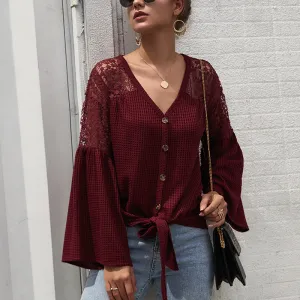 Multicolor Long Sleeve Lace Shoulder Knitting Sweater