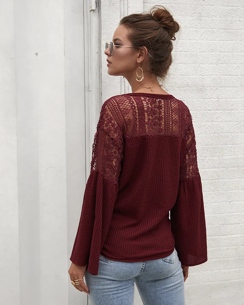 Multicolor Long Sleeve Lace Shoulder Knitting Sweater