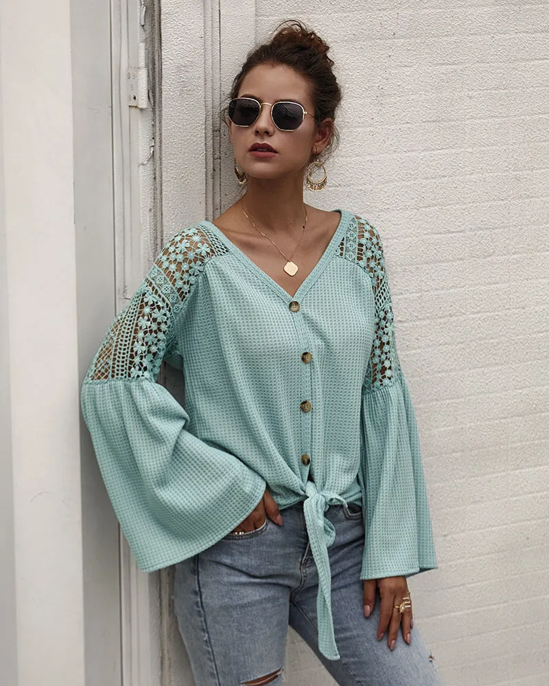 Multicolor Long Sleeve Lace Shoulder Knitting Sweater