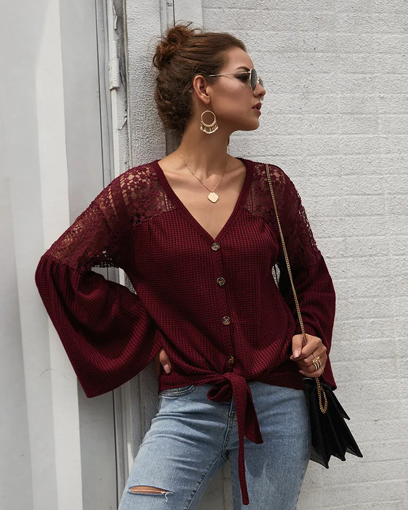 Multicolor Long Sleeve Lace Shoulder Knitting Sweater