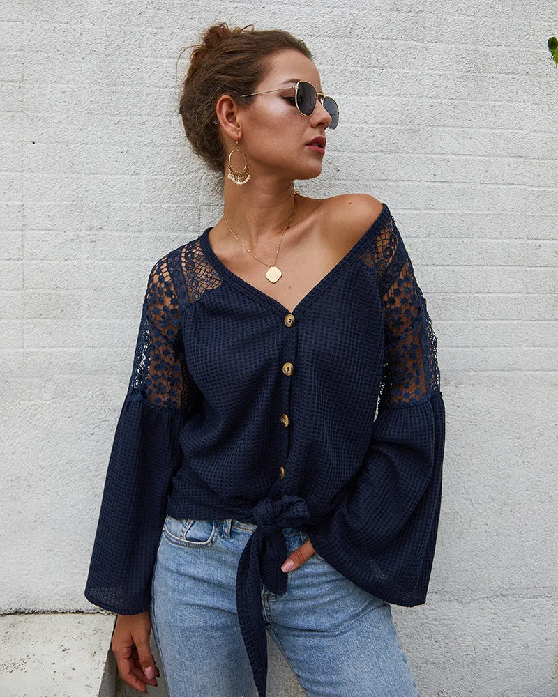 Multicolor Long Sleeve Lace Shoulder Knitting Sweater