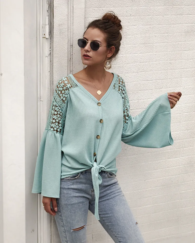 Multicolor Long Sleeve Lace Shoulder Knitting Sweater