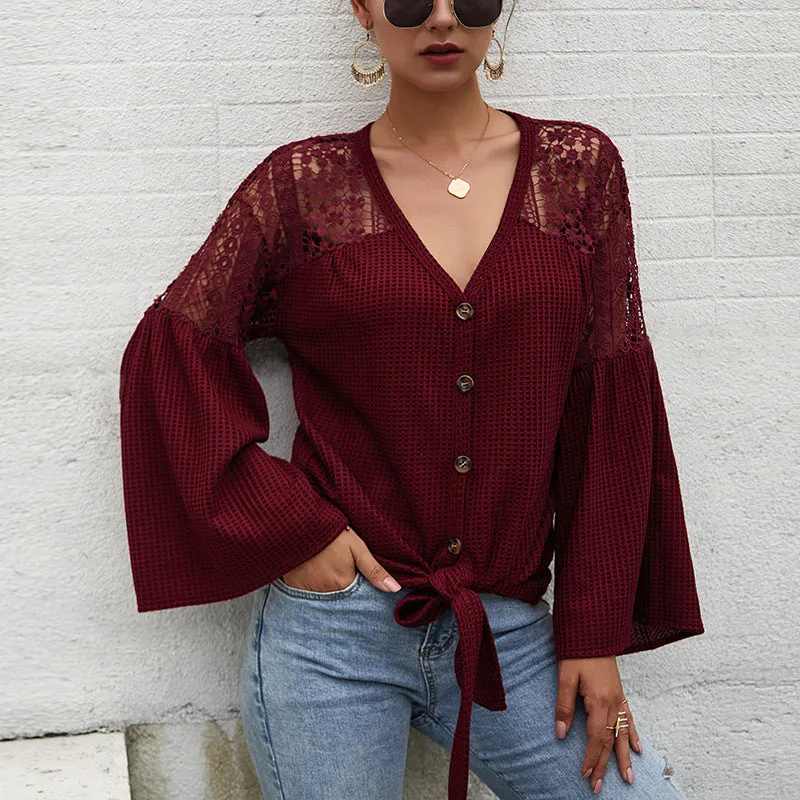 Multicolor Long Sleeve Lace Shoulder Knitting Sweater