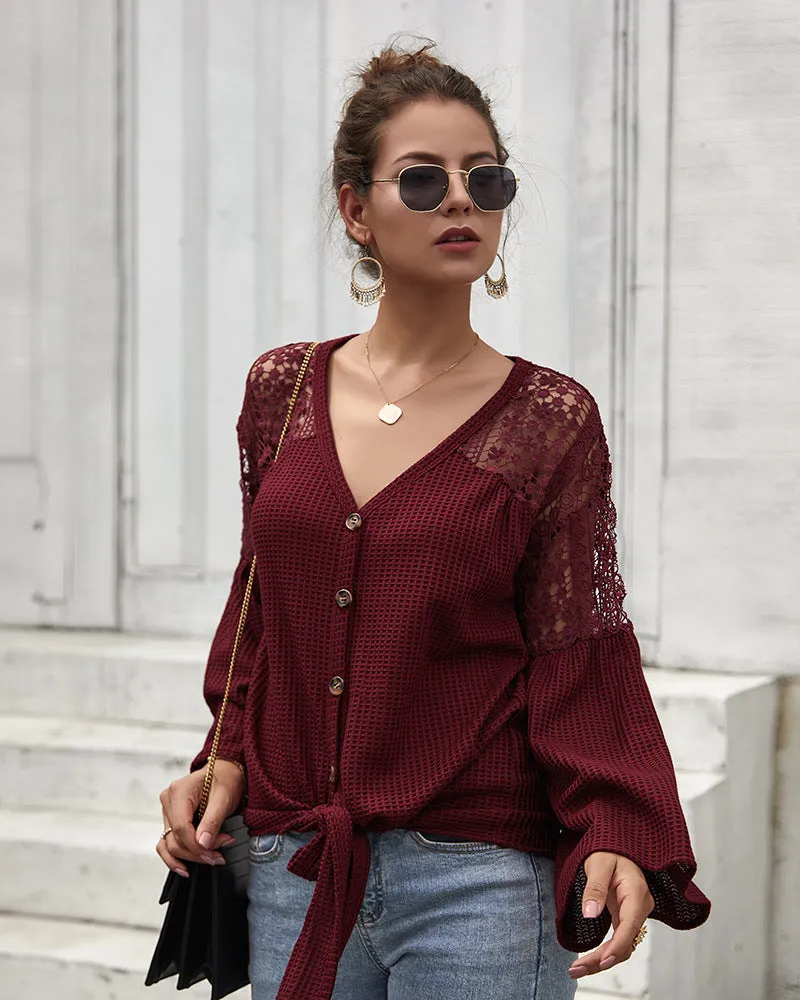 Multicolor Long Sleeve Lace Shoulder Knitting Sweater