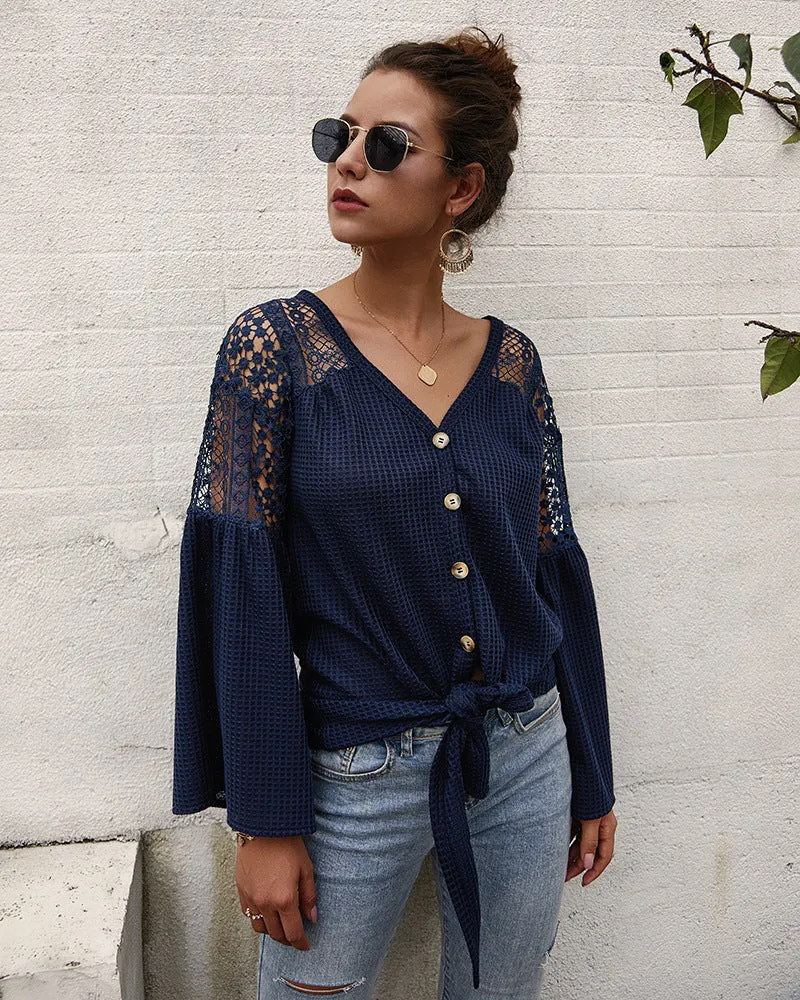 Multicolor Long Sleeve Lace Shoulder Knitting Sweater