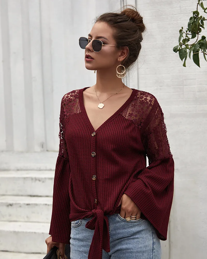 Multicolor Long Sleeve Lace Shoulder Knitting Sweater