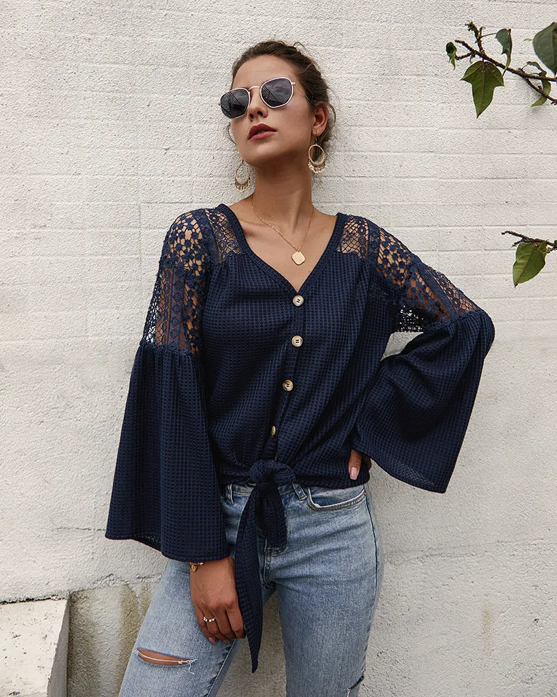 Multicolor Long Sleeve Lace Shoulder Knitting Sweater